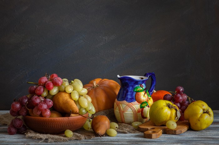 Still-life with fruit, pumpkins, and a jug