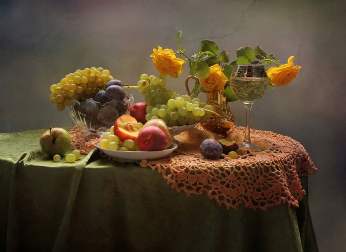 Still-life with fruit, roses, and wine