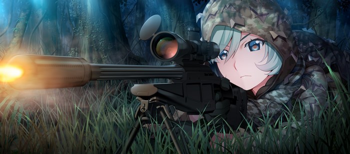 Girl in Camouflage Firing Sniper Rifle in Forest