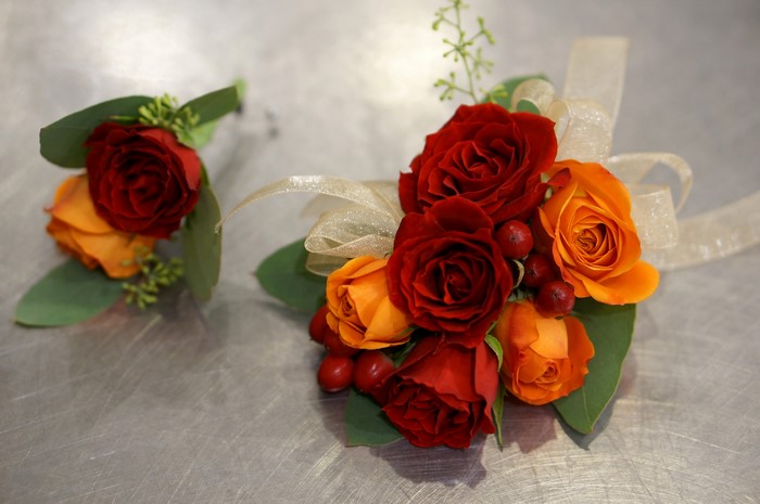 Red and Orange Roses Boutonniere and Corsage