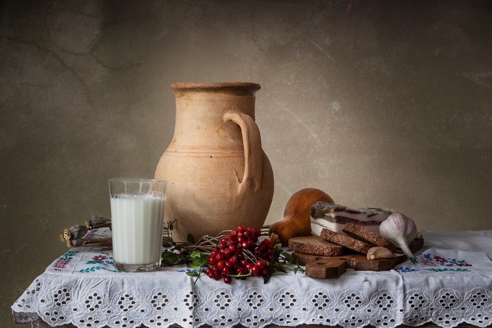 Still-life with milk, bread, salo, and jug