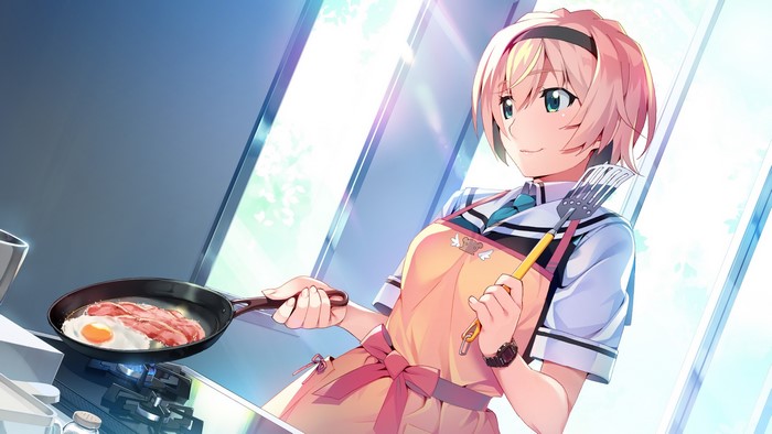 Girl from Grisaia: Phantom Trigger cooking bacon and eggs