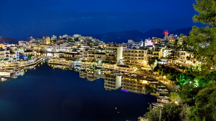 Agios Nikolaos marina at night, Crete, Greece