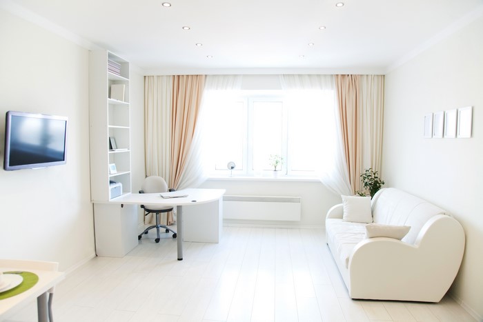 Modern living room with sofa and desk
