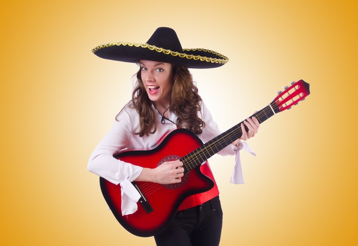 Woman in Sombrero Playing Guitar
