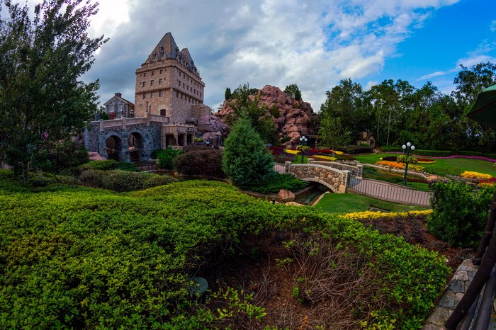 Disney World Epcot Canada Pavilion with gardens and bridge
