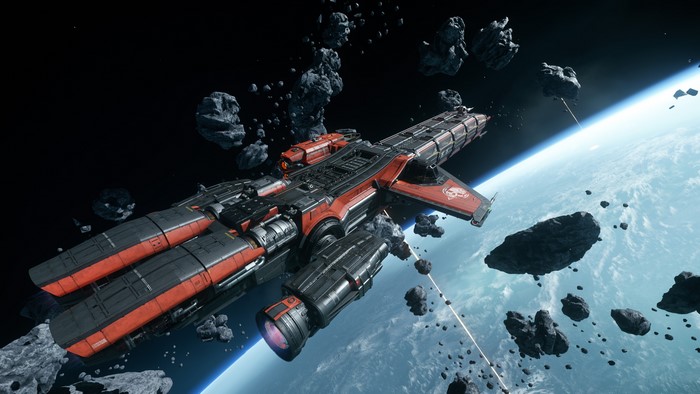 Star Citizen Caterpillar starship among asteroids near planet
