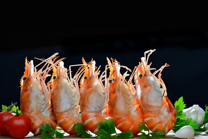Shrimp with tomatoes, garlic, and parsley on black background