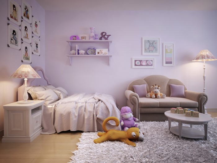 Children's room with bed, sofa, and toys