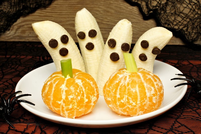 Halloween Banana Ghosts and Clementine Pumpkins on a Plate
