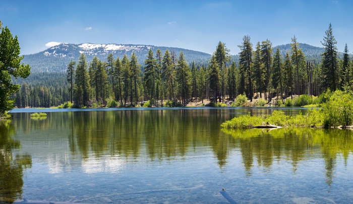 Lake with pine trees and snow-capped mountains in Lassen National Park