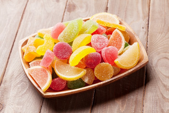 Bowl of assorted fruit-shaped marmalade candies