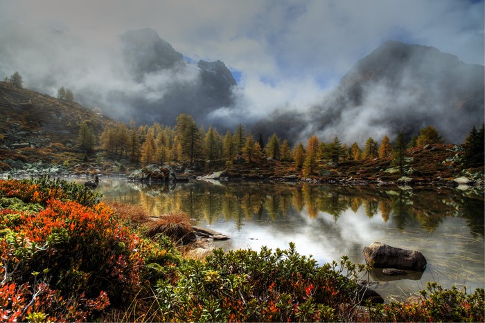 Massersee Wallis Lake in Autumn Fog, Switzerland