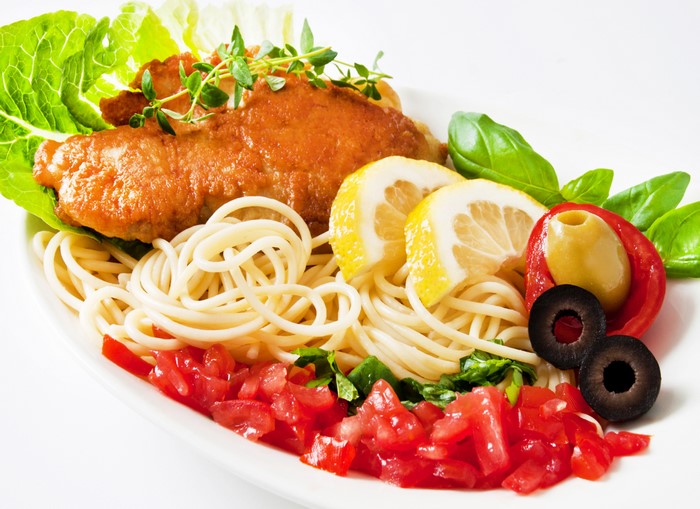 Roast Chicken with Spaghetti, Olives, and Lemon