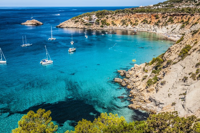 Boats in a bay near Ibiza, Spain