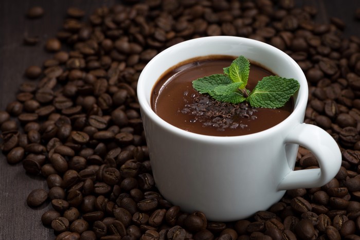 Cup of hot chocolate with mint and coffee beans