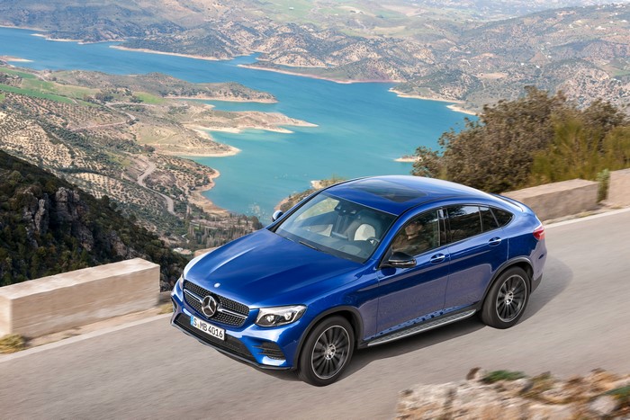 Blue Mercedes-Benz GLC-Klasse Coupe AMG Line on Mountain Road