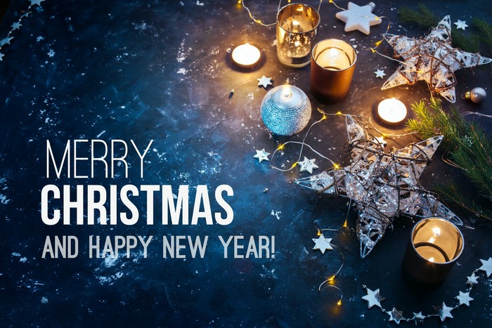 Merry Christmas and Happy New Year text with decorations