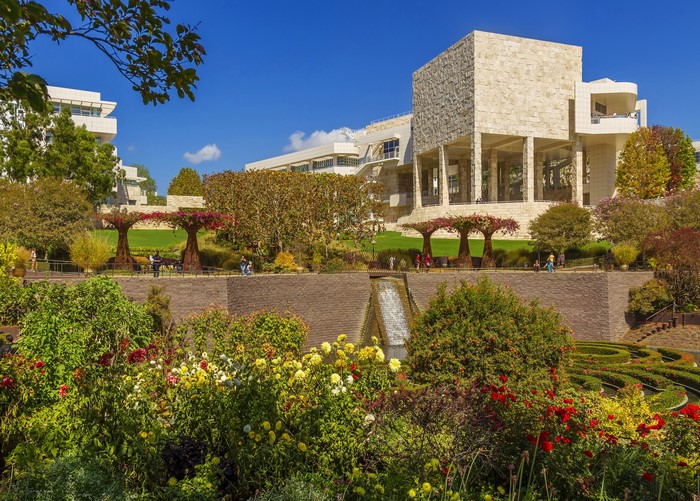 The Getty Center Gardens with a Waterfall and Architecture