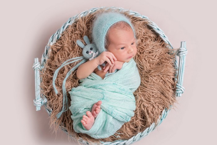 Newborn baby in a basket with a bunny toy