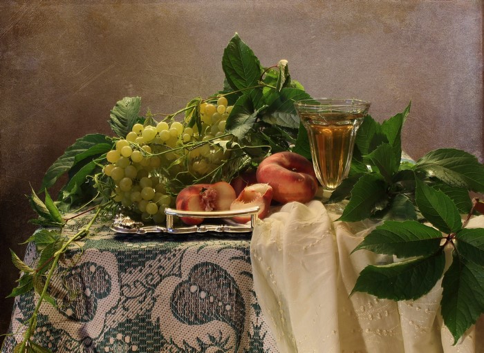 Still-life with grapes, peaches, and wine