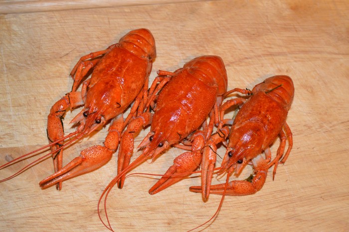 Three cooked crayfish on a wooden cutting board