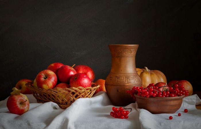 Still-life with apples, sorbus, and jug container