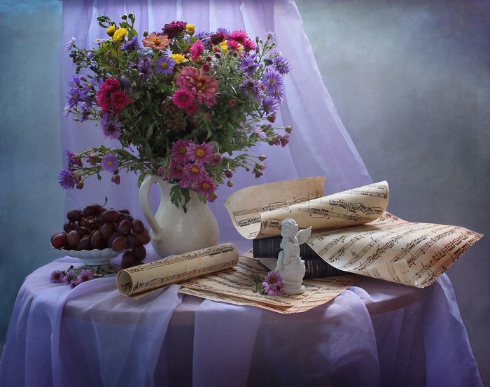 Still-life with Asters, Grapes, and Sheet Music