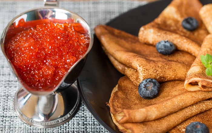 Pancakes with Red Caviar and Blueberries