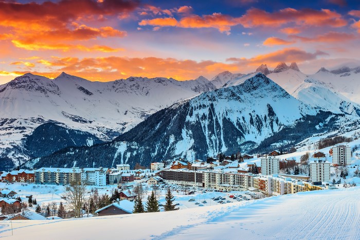 Le Corbier ski resort in the French Alps during winter sunset