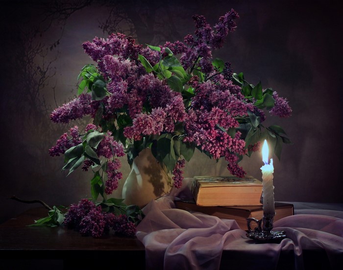 Still-life with Lilac, Candles, and Books