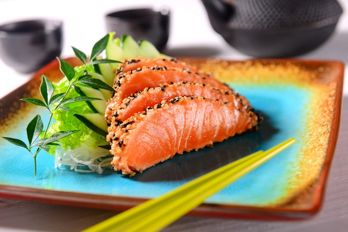 Sesame Crusted Salmon Sashimi with Cucumber and Greens