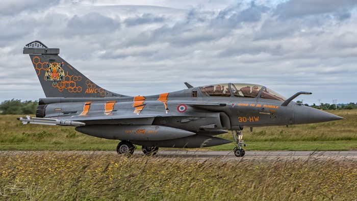 French Air Force Dassault Rafale B fighter jet with tiger livery