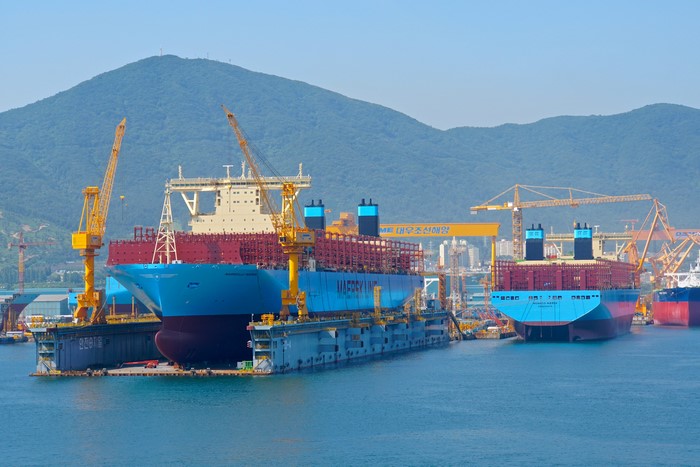 Container Ships Under Construction at Okpo Shipyard, South Korea