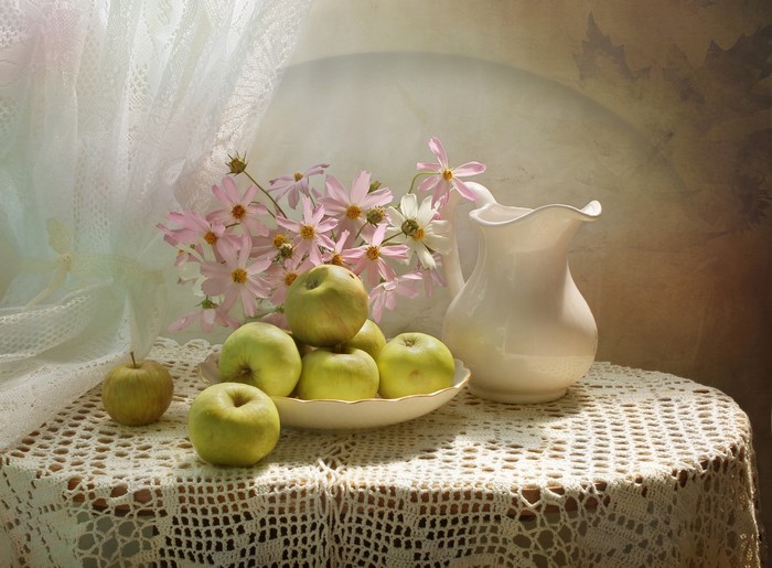 Still-life with apples, cosmos flowers, and a jug