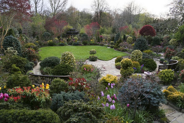 Walsall Garden in England with lawn and shrubs
