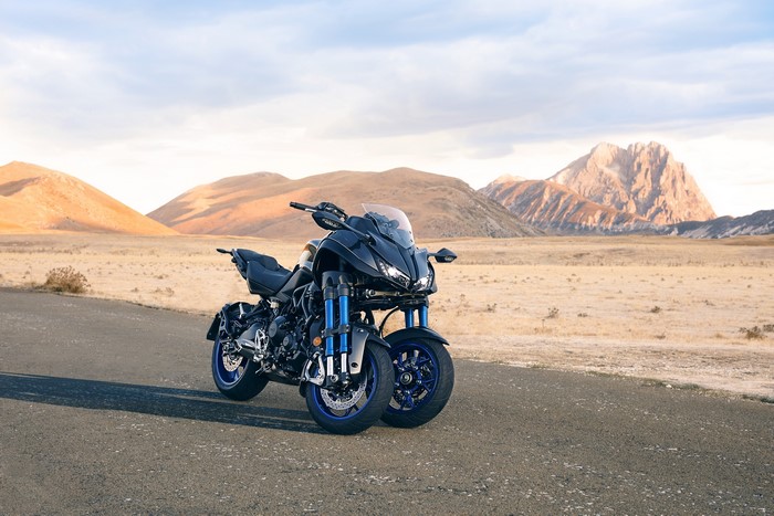 2018 Yamaha Niken motorcycle in desert landscape