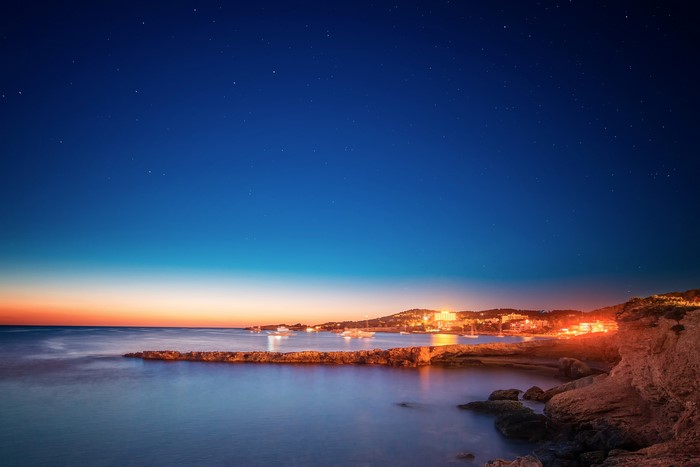 San Antonio, Ibiza Coastline at Dusk with Stars