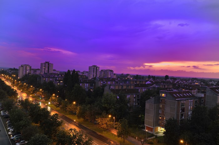 Novi Sad, Serbia at Dusk with Street Lights