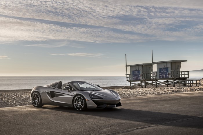 Grey McLaren 570S Spider Roadster on Beach