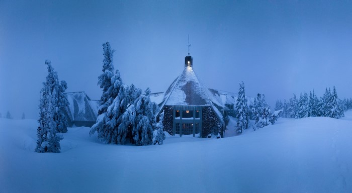 Timberline Lodge in Oregon during winter evening