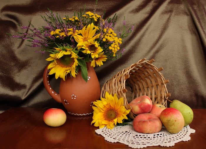 Still-life with sunflowers, apples, and a jug