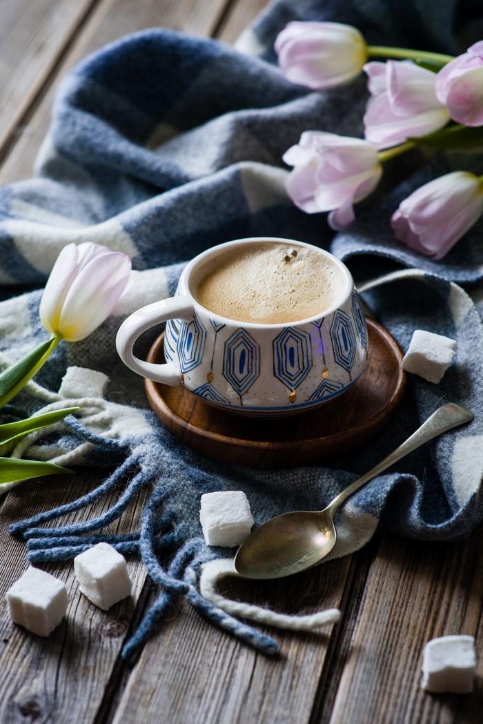 Coffee cup with tulips and sugar cubes on wooden table