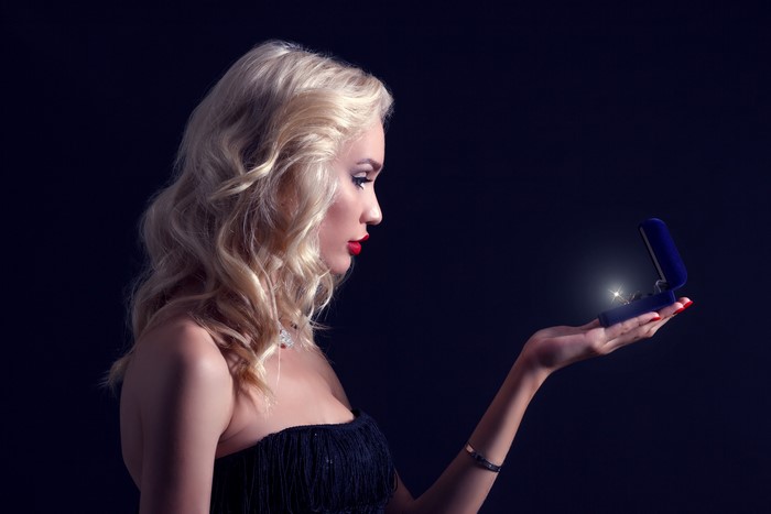 Blonde woman with ring in jewelry box