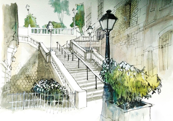 Stairs and street lights in Montmartre, Paris
