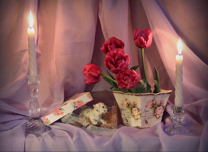 Still-life with tulips, candles, and a porcelain dog