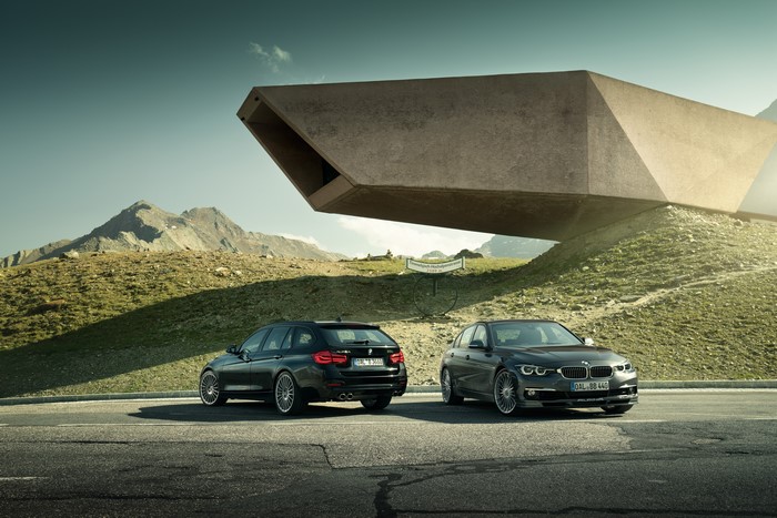 Two 2017 Alpina B3 S Bi-Turbo cars on a mountain road