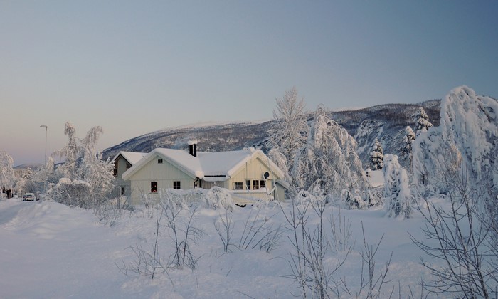 Houses in Rokland, Norway during winter with snow