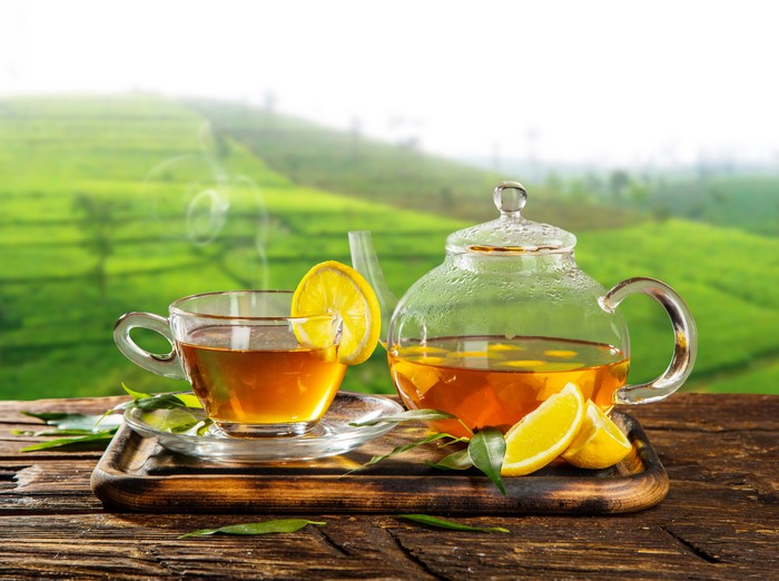 Tea in a cup and kettle with lemons on a tea plantation
