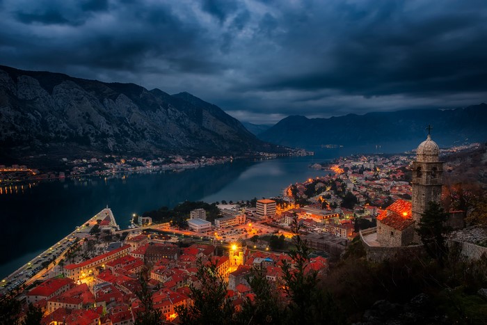 Kotor, Montenegro at Dusk with Mountains and Bay